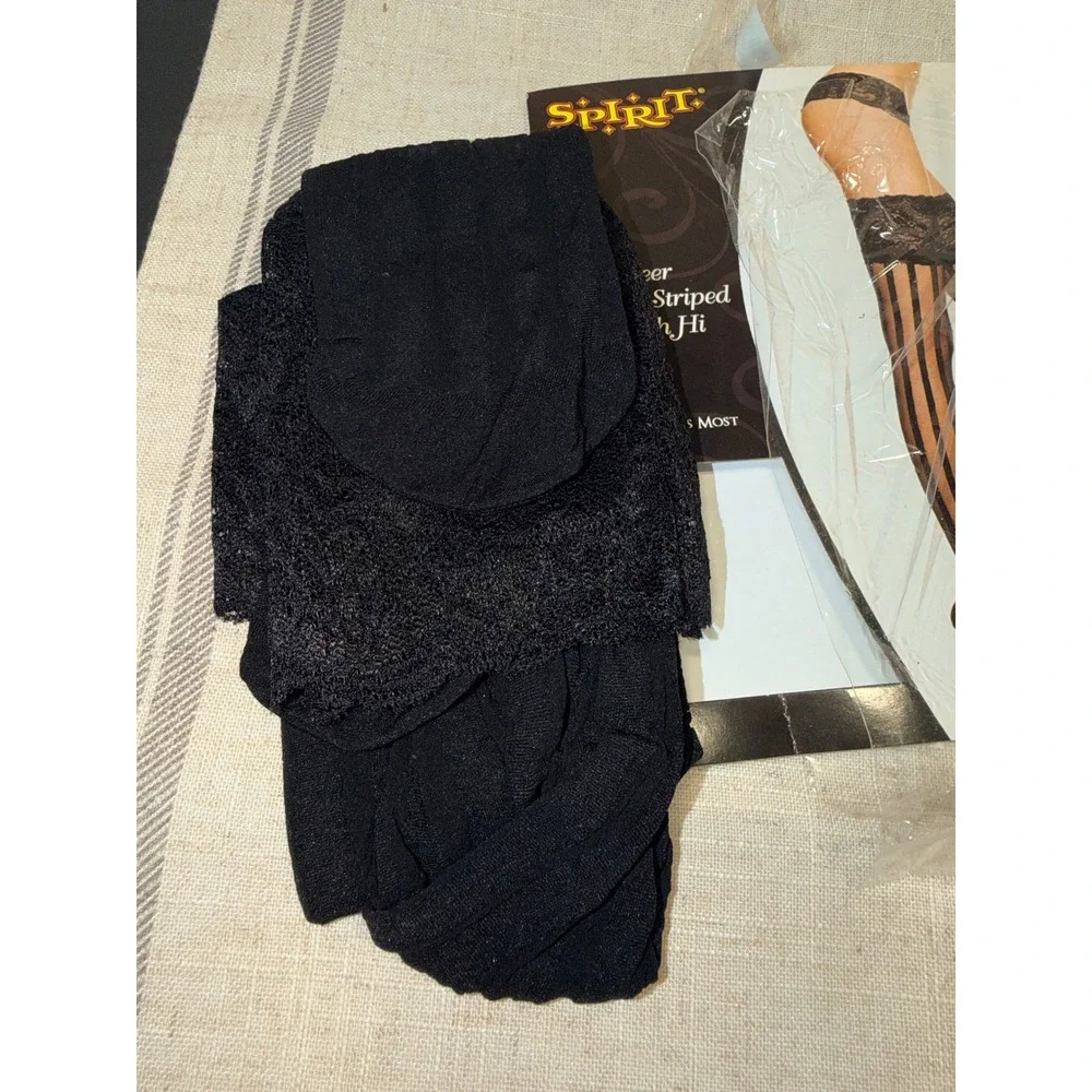 Spirit Halloween Black Sheer Vertical Striped Thigh High Stockings Lace Top 4761